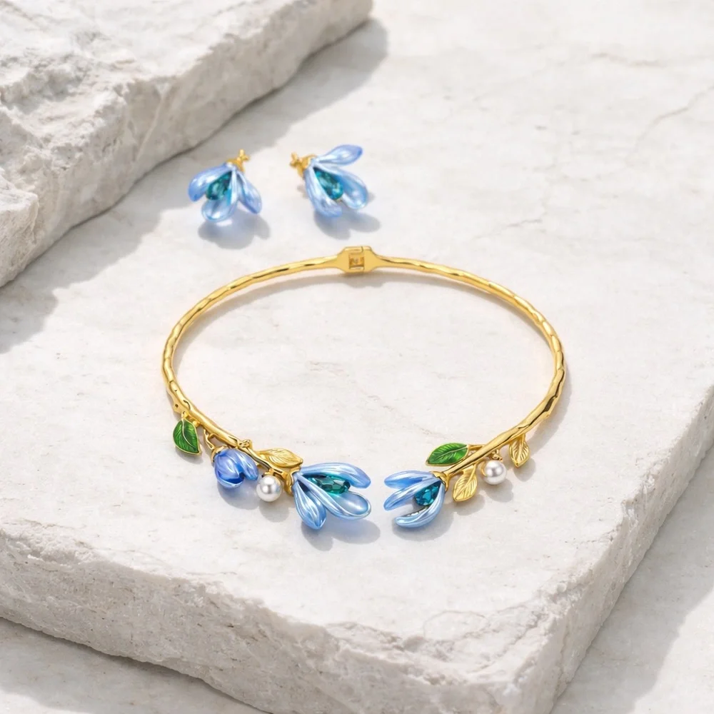 Blue Floral Crystal Set: Earrings and Necklace - Picture 5 of 8
